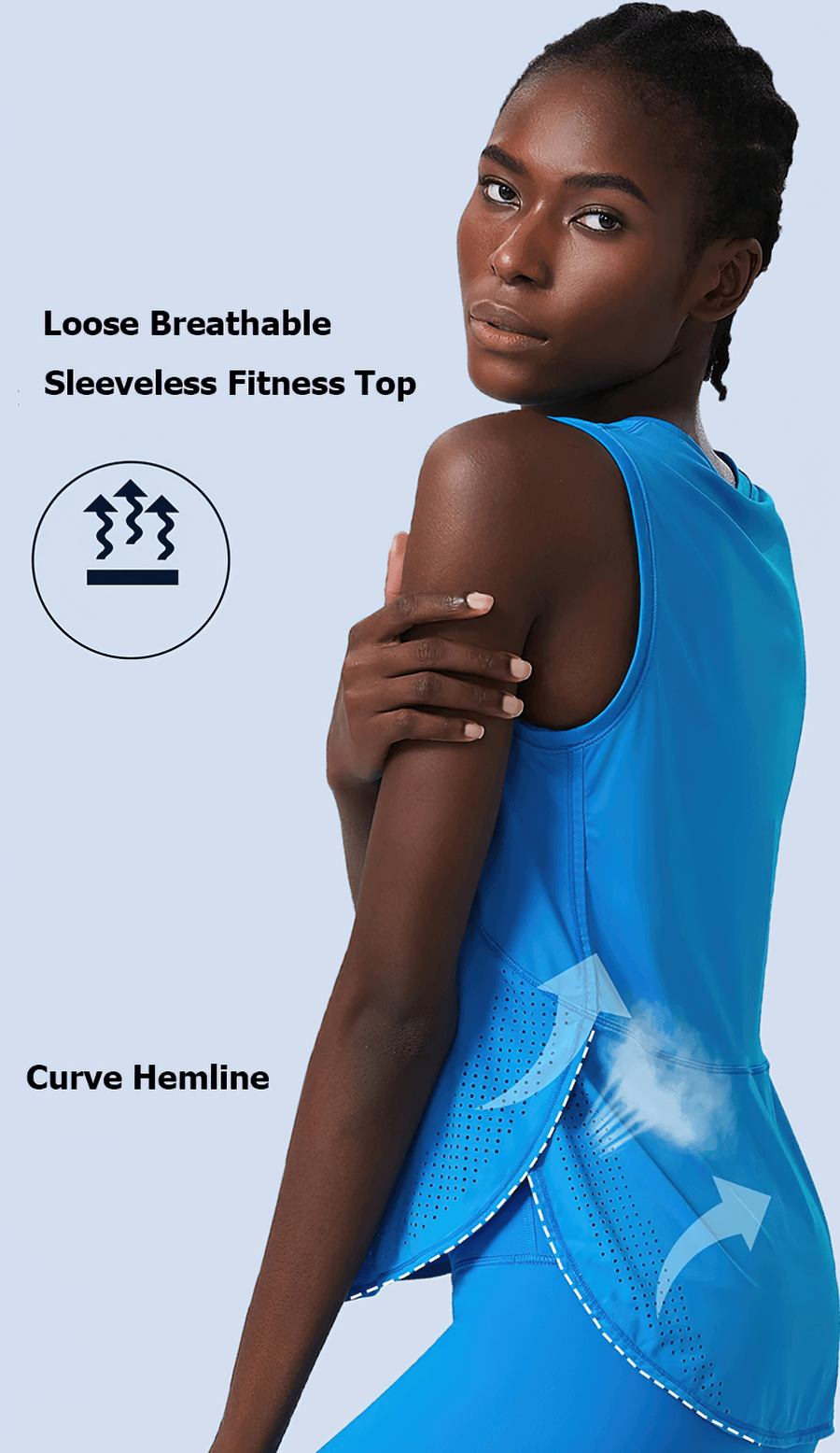 Woman showcasing a loose breathable sleeveless fitness top with curve hemline, perfect for running and yoga.